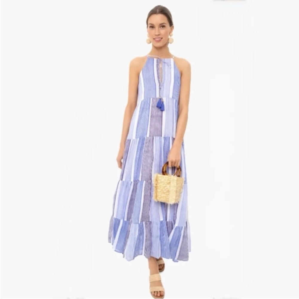 Oliphant Camden Blue and White Striped Maxi Dress with white tassels